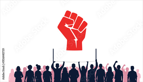 A powerful red fist with a lightning bolt symbol raised above a diverse crowd of silhouetted people protesting and demonstrating for change.
