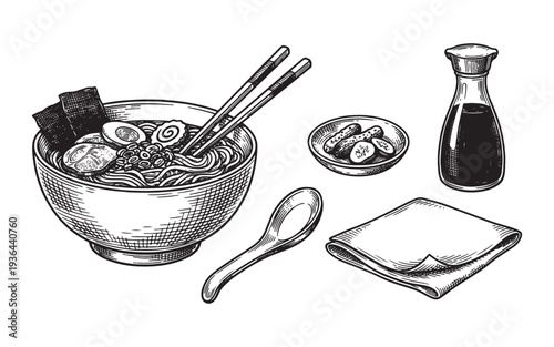ramen noodle set with soy sauce, side dish, and chopsticks engraving vector illustration
