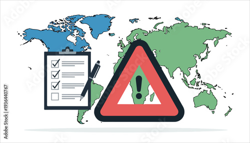 A global map with a checklist and a large warning sign, representing international risk assessment and compliance.