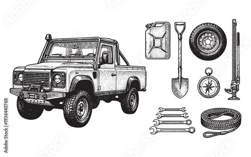 set of an offroad adventure vehicle, spare tire, tools, and compass engraving vector illustration