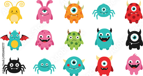 cute cartoon monster collection, colorful funny alien characters, vector illustration, kids design, mascot bundle isolated on background white background image