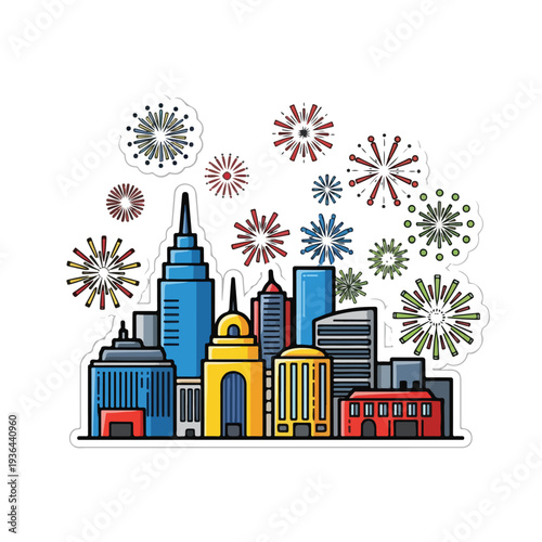 Vibrant cityscape with fireworks exploding above buildings in a line art vector style