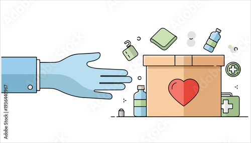 A gloved hand reaching for a donation box filled with hygiene products and essential supplies, symbolizing charity and aid.