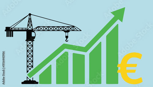 Construction crane next to an upward-trending bar graph and a Euro symbol, representing economic growth.