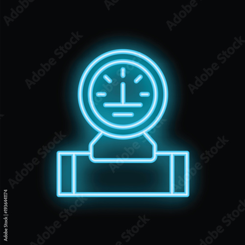 Neon blue icon of a water meter showing a pipe with a gauge measuring water flow