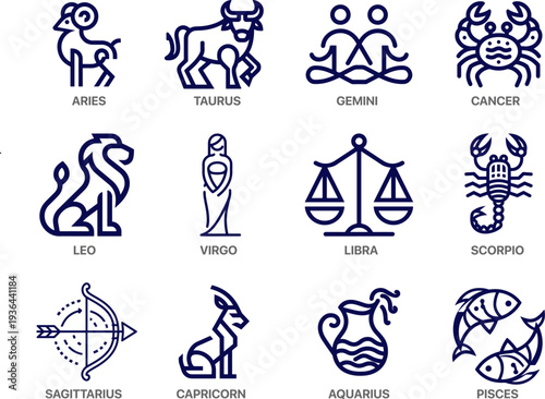 Zodiac signs line art icons set, 12 minimalist astrology symbols with modern thin line outline
