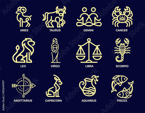 Zodiac signs line art icons set, 12 minimalist astrology symbols with modern thin line outline