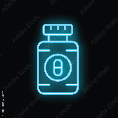 Blue neon sign of pills bottle glowing on black background, concept for pharmacy store, drugstore or medicine