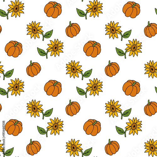Seamless pattern with autumn pumpkin and sunflower on white background.eps
