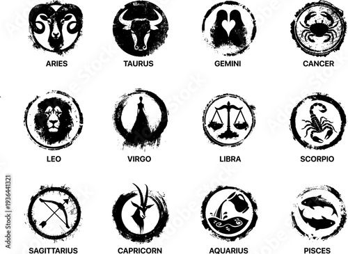 Zodiac signs vintage stamp icons set, 12 astrology symbols with grunge ink texture and retro look