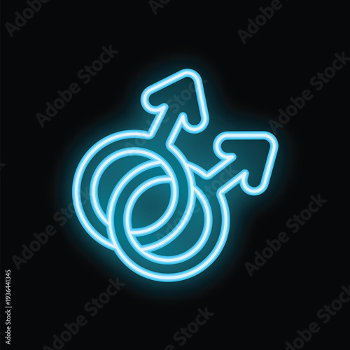 Blue neon male homosexuality symbol glowing in the dark over a black background