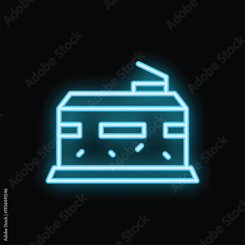 Bright blue neon sign depicting a military base, emitting a captivating glow against a dark backdrop