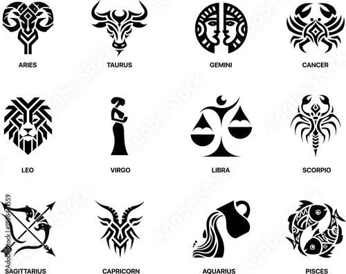 Zodiac signs decorative silhouette icons set, 12 elegant astrology symbols with fluid shapes