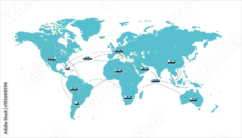 Global shipping routes and maritime trade network depicted on a world map with cargo ships connecting continents.