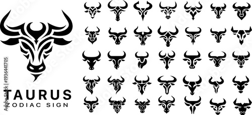Taurus zodiac sign tribal vector icons, monochrome bull head symbols with sharp decorative horns