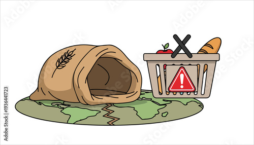 A global food crisis depicted with an empty grain sack on a cracked earth and a warning on a shopping basket.