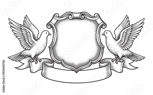 Εκτύπωση καμβά coat of arms featuring a blank shield flanked by two flying doves and a ribbon b