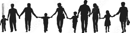 Family holding hands walking together silhouette parents and children unity black vector illustration isolated on white background people concept