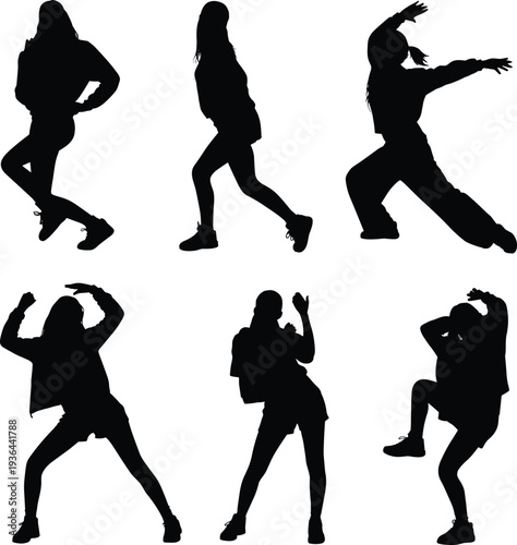 Hip hop dancer silhouette set street dance female poses urban movement black vector illustration isolated on white background collection