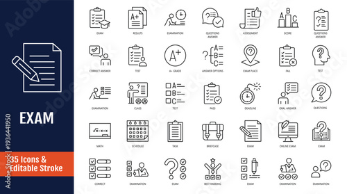 Exam icon set. Icons related to test, score, quiz, questionnaire, results, pass, online exam, and more. Outline icon with Editable stroke. Vector illustration
