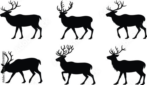 Black deer silhouettes with antlers, wildlife vector artwork showing different poses, animal design illustration for nature and hunting themes
