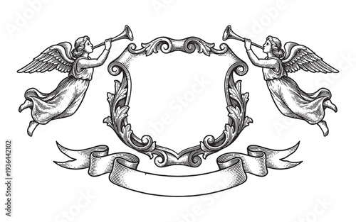 coat of arms featuring a blank shield supported by two flying angels blowing trumpets and a ribbon banner engraving vector illustration