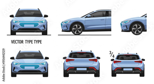 Electric Car Vector Illustrations Multiple Angles.