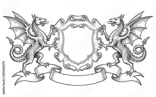coat of arms featuring a blank shield supported by two dragons and a ribbon banner engraving vector illustration