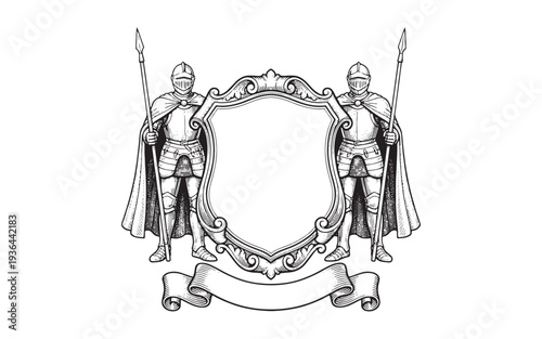 coat of arms featuring a blank shield supported by two armored knights with spears and a ribbon banner engraving vector illustration
