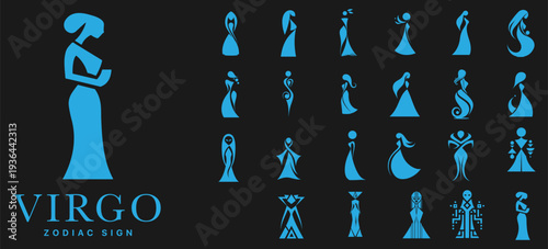 Virgo zodiac sign decorative silhouette icons, elegant woman astrology symbols with floral elements