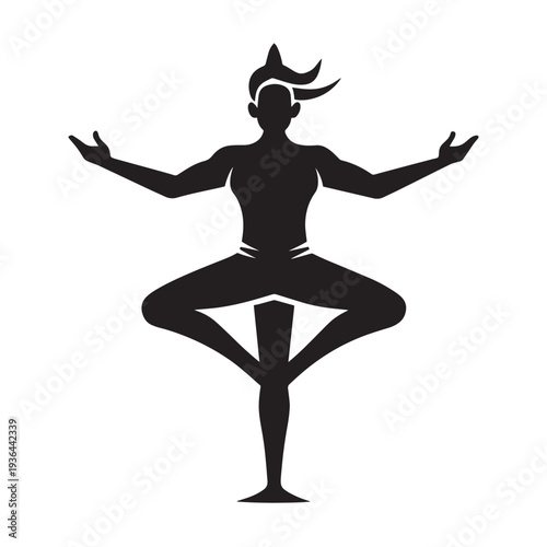 Silhouette of a woman in yoga pose tree variation balancing on one leg arms extended gracefully with spiritual aura representing peace and health