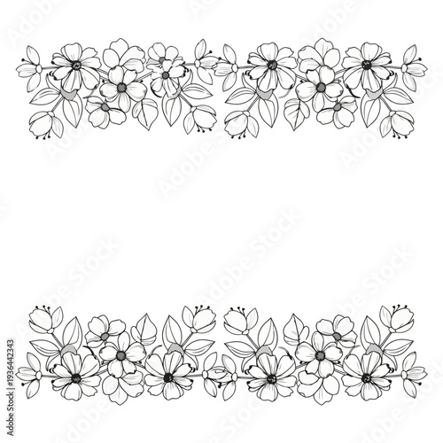 Hand-Drawn Floral Border Design Element – Elegant Botanical Illustration for Wedding Invitations, Greeting Cards, and Spring Event Stationery