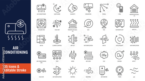 Air Conditioning icon set. Icons related to Air Conditioner, Cooling, Blower Fan, Duct System, Heat Pump, Evaporator Coil and more. Outline icon with Editable stroke. Vector illustration