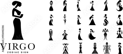 Virgo zodiac sign decorative silhouette icons, elegant woman astrology symbols with floral elements
