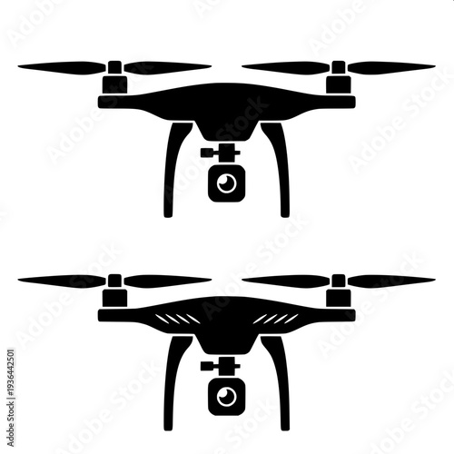 Military drone attack icon, quadcopter with camera and hanging grenade, stencil style vector illustration
