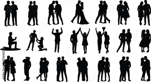 Black silhouette collection of romantic couples and marriage proposals featuring wedding themes and lovers isolated on a white background