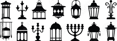 Black silhouette collection of vintage lanterns candelabras and garden lamps isolated on white background for decorative graphic design projects