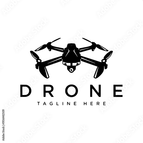 Military drone attack icon, quadcopter with camera and hanging grenade, stencil style vector illustration