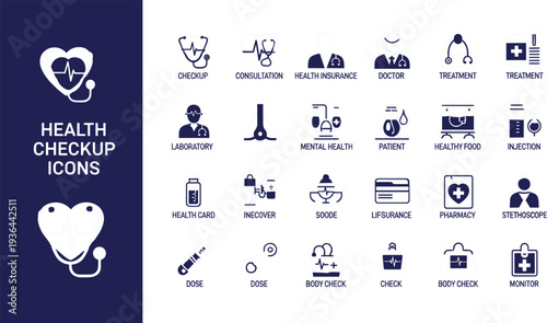 Set of Health Checkup Icons Featuring Doctor, Consultation, Treatment, Mental Health, and Medical Services for Healthcare Designs