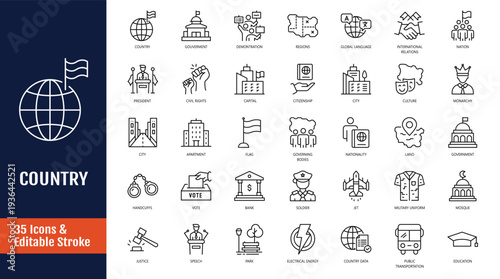 Country icon set. Icons related to nation, government, territory, democracy, monarchy, and more. Outline icon with Editable stroke. Vector illustration