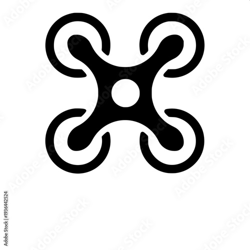 Military drone attack icon, quadcopter with camera and hanging grenade, stencil style vector illustration