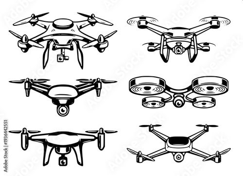 Military drone attack icon, quadcopter with camera and hanging grenade, stencil style vector illustration