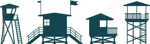 Lifeguard tower silhouettes collection, beach watch towers with stairs and flags, coastal safety station vector illustration isolated on white background