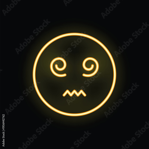 Yellow neon light icon depicting a dizzy face with spiral eyes and a wavy mouth, evoking feelings of confusion or disorientation