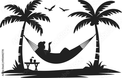 Man relaxing in hammock between palm trees tropical beach vacation silhouette black vector illustration isolated on white background summer scene