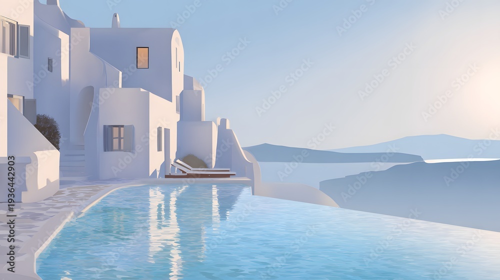 Naklejka premium Serene Santorini villa luxury summer escape Mediterranean view pool reflections elegant design illustration