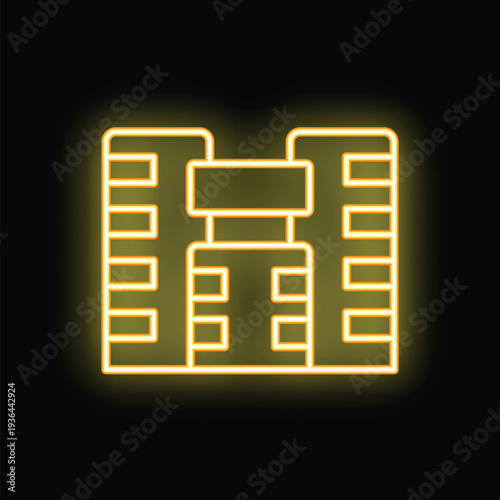 Yellow neon sign of a hotel building with three entrances glowing on a black background