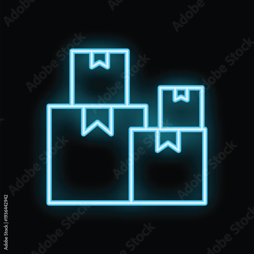 Blue neon sign illustration of stacked delivery boxes with bookmarks on black background