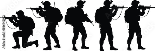 Military soldier silhouettes aiming with rifles, army tactical combat poses vector illustration set isolated on white background for defense concept