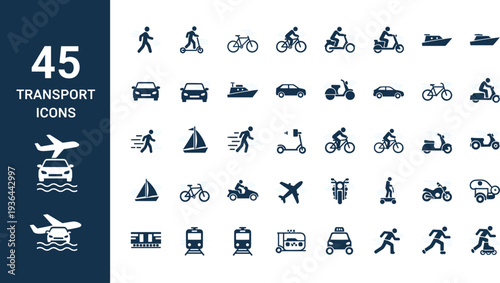 Set of Transport Icons Featuring Cars, Bicycles, Airplanes, Boats, and Other Modes of Transportation for Travel and Logistics Designs